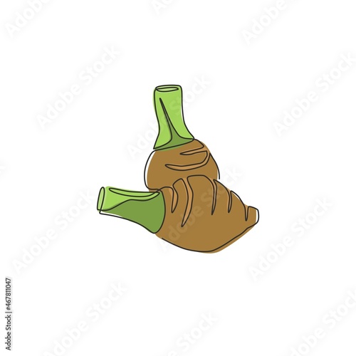 One continuous line drawing of whole healthy organic taro for farm logo identity. Fresh tropical plant edible corm concept for root vegetable icon. Modern single line draw design vector illustration