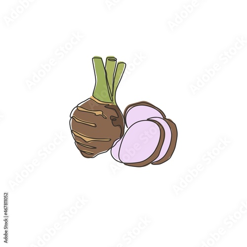 Single continuous line drawing of whole healthy organic taro for farm logo identity. Fresh tropical plant edible corm concept for root vegetable icon. Modern one line draw design vector illustration