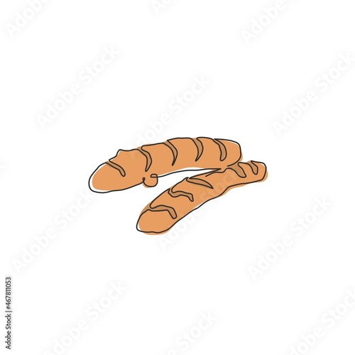 Single continuous line drawing of whole healthy organic turmeric for logo identity. Fresh flowering plant concept for vegetable icon. Modern one line draw design vector graphic illustration