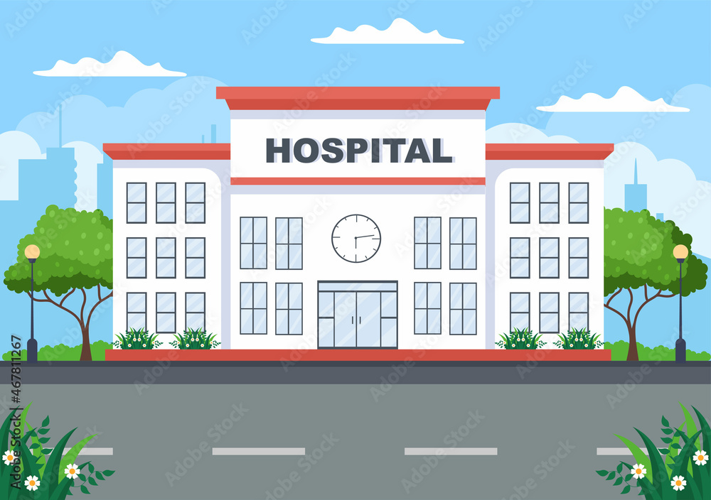 Hospital Building for Healthcare Background Vector Illustration with, Ambulance Car, Doctor, Patient, Nurses and Medical Clinic Exterior