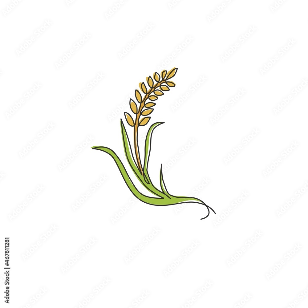 Fototapeta premium One single line drawing of whole healthy organic wheat grain for farm logo identity. Fresh staple food concept for breakfast cereal icon. Modern continuous line graphic draw design vector illustration
