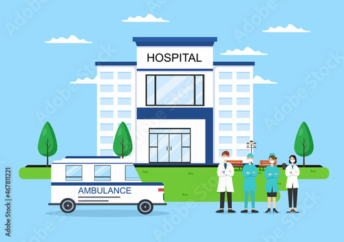 Hospital Building for Healthcare Background Vector Illustration with, Ambulance Car, Doctor, Patient, Nurses and Medical Clinic Exterior