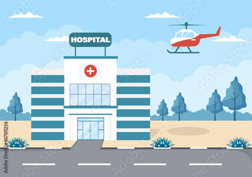 Hospital Building for Healthcare Background Vector Illustration with, Ambulance Car, Doctor, Patient, Nurses and Medical Clinic Exterior