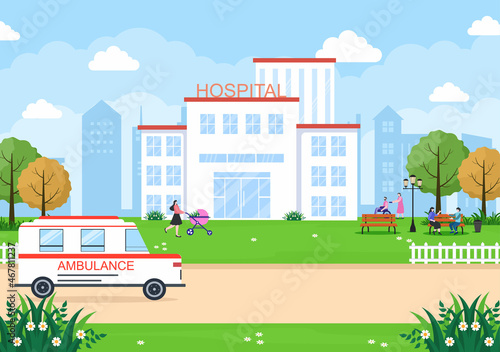 Hospital Building for Healthcare Background Vector Illustration with, Ambulance Car, Doctor, Patient, Nurses and Medical Clinic Exterior