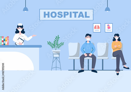 Hospital Building for Healthcare Background Vector Illustration with, Ambulance Car, Doctor, Patient, Nurses and Medical Clinic Exterior