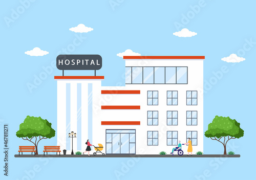 Hospital Building for Healthcare Background Vector Illustration with, Ambulance Car, Doctor, Patient, Nurses and Medical Clinic Exterior