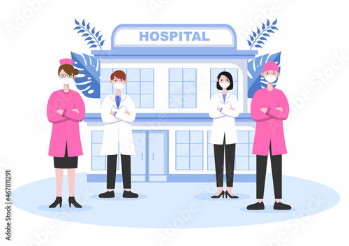 Hospital Building for Healthcare Background Vector Illustration with, Ambulance Car, Doctor, Patient, Nurses and Medical Clinic Exterior