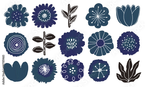 北欧風のかわいいお花の水彩ベクターイラスト　紺色