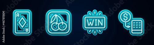 Set line Playing card with diamonds, Slot machine cherry, Casino win and chips exchange. Glowing neon icon. Vector