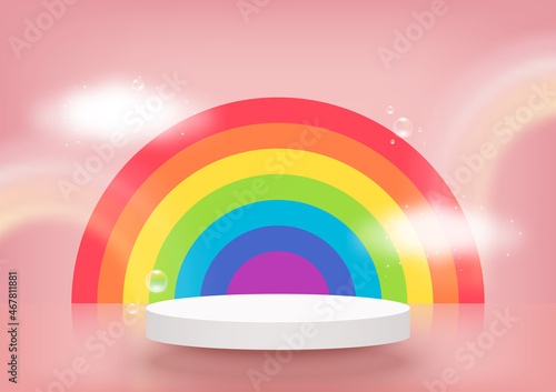 Stage podium decor with rainbows shaped, clouds, bubbles. 3d pedestal summer scene or platform for product display on pink background. Vector illustration.