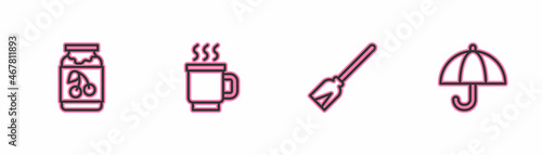 Set line Jam jar, Handle broom, Cup of tea and Umbrella icon. Vector