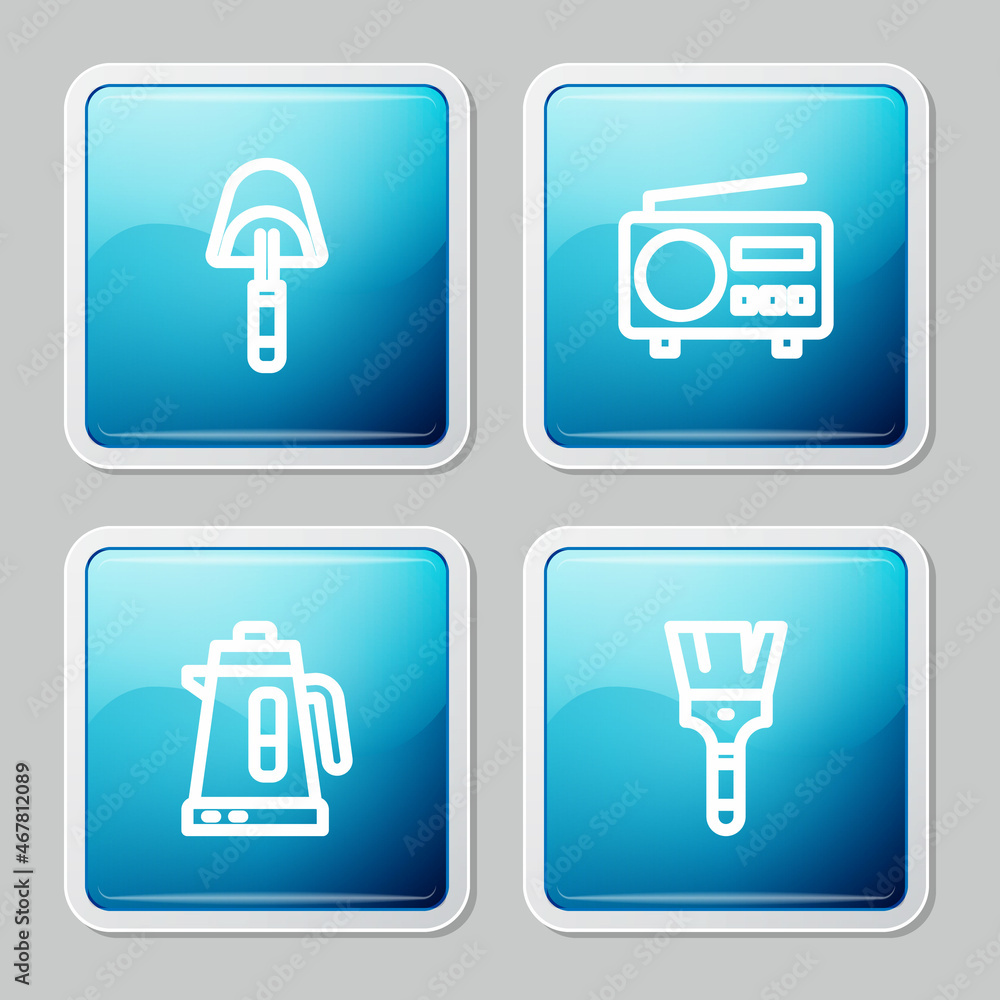 Set line Spatula, Radio, Electric kettle and Paint brush icon. Vector Set line Spatula, Radio, Electric kettle and Paint brush icon. Vector