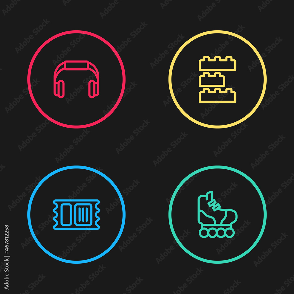 Set line Circus ticket, Roller skate, Toy building block bricks and Headphones icon. Vector Set line Circus ticket, Roller skate, Toy building block bricks and Headphones icon. Vector
