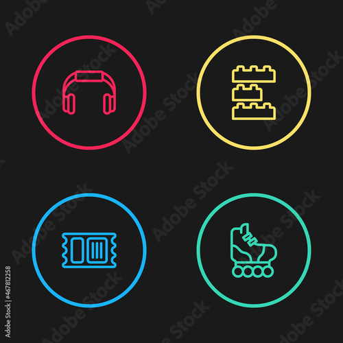 Set line Circus ticket, Roller skate, Toy building block bricks and Headphones icon. Vector
