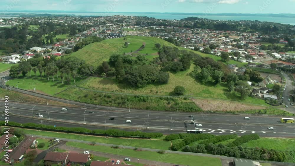 Aerial: Mt Roskill volcano and the Southwestern Motorway, Auckland, New Zealand Aerial: Mt Roskill volcano and the Southwestern Motorway, Auckland, New Zealand