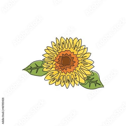 Fototapeta Naklejka Na Ścianę i Meble -  Single continuous line drawing of beauty fresh sunflower for park logo. Decorative helianthus summer flower concept home wall decor poster art. Modern one line draw design vector graphic illustration