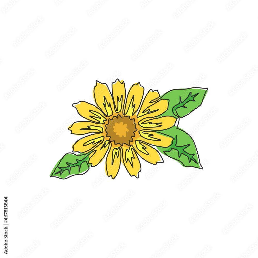 Fototapeta premium Single continuous line drawing of beauty fresh marigold for home wall decor poster. Printable decorative calendula flower for wedding card invitation. Modern one line draw design vector illustration
