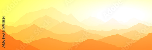 Sunrise in the mountains, panoramic view, vector illustration. Fantasy on the theme of the morning landscape.