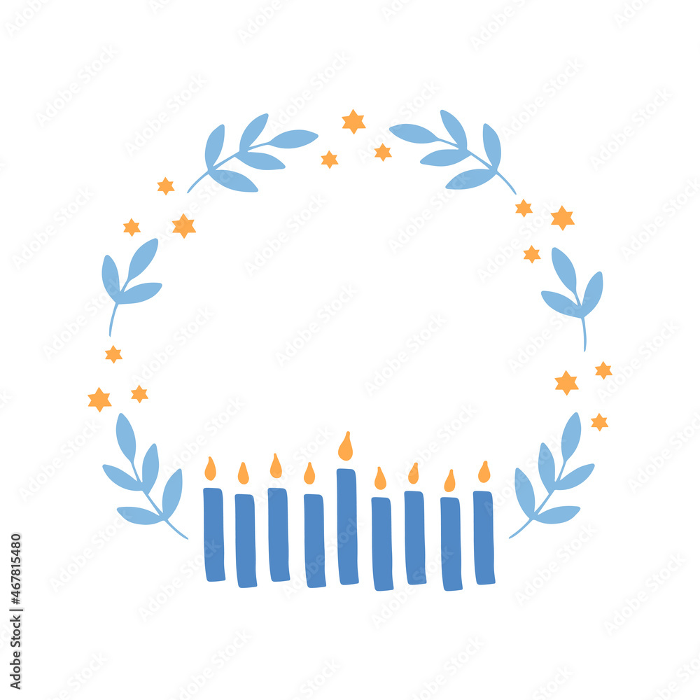 Hanukkah floral wreath with menorah candles stars vector illustration. Jewish holiday Chanukah. Hand-drawn festive party decoration. Hanuka greeting card with a traditional symbol. Hanukkah floral wreath with menorah candles stars vector illustration. Jewish holiday Chanukah. Hand-drawn festive party decoration. Hanuka greeting card with a traditional symbol.