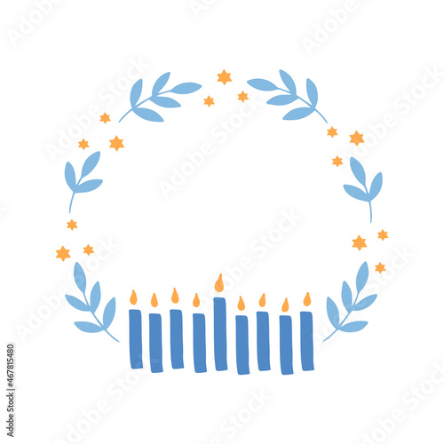 Hanukkah floral wreath with menorah candles stars vector illustration. Jewish holiday Chanukah. Hand-drawn festive party decoration. Hanuka greeting card with a traditional symbol.