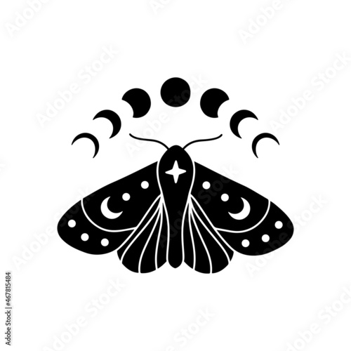 Boho celestial butterfly vector illustration. Mystical moon moth with moon phases. Magic insect on white background. Esoteric alchemy symbol. Design for poster, card, t shirt print, sticker.