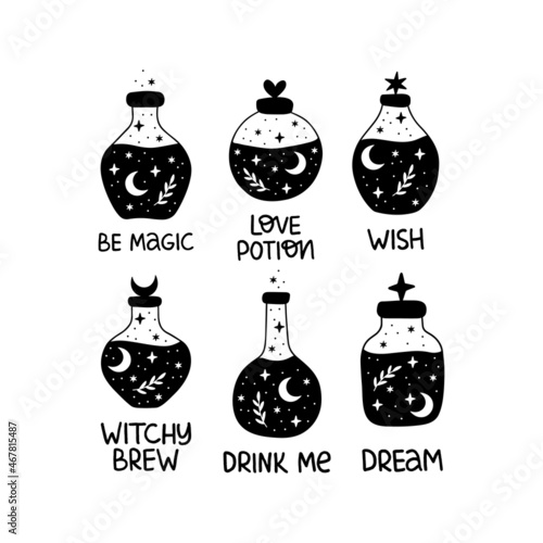Bottle silhouette with magic elixir or poison collection. Mystic jar vector illustration. Esoteric alchemy design element. Witch brew poster with moon, stars. Hand-drawn witchcraft symbol on white.