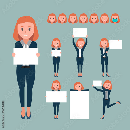 Set Business woman holding blank board with different pose and facial expressions. flat design Illustrations.
