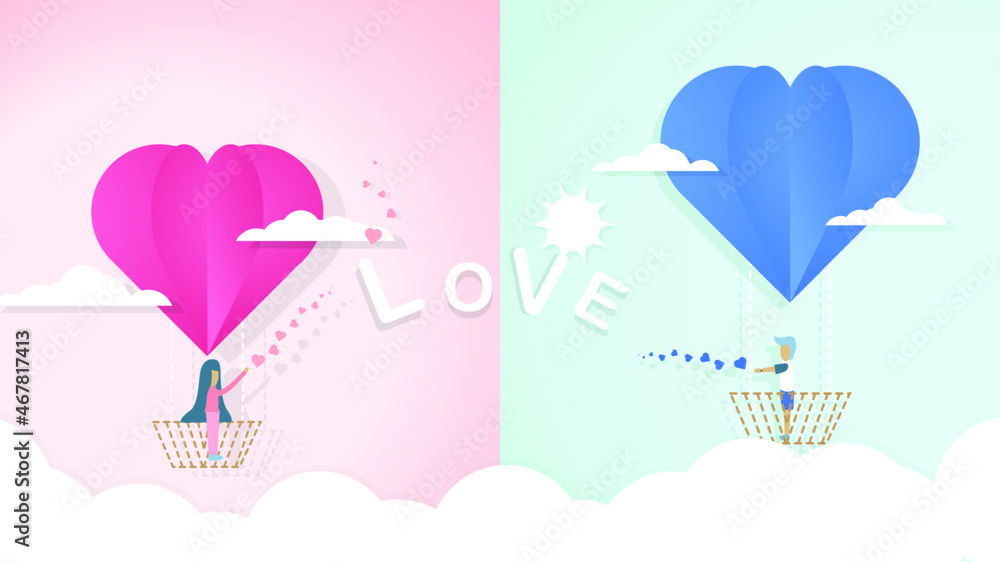 Valentines day greetings card with balloons flying with clouds vector.Heart hot air balloon flying.Love background.Cute paper cut design.posters,brochure.Paper cut style.Space for your text.pink heart