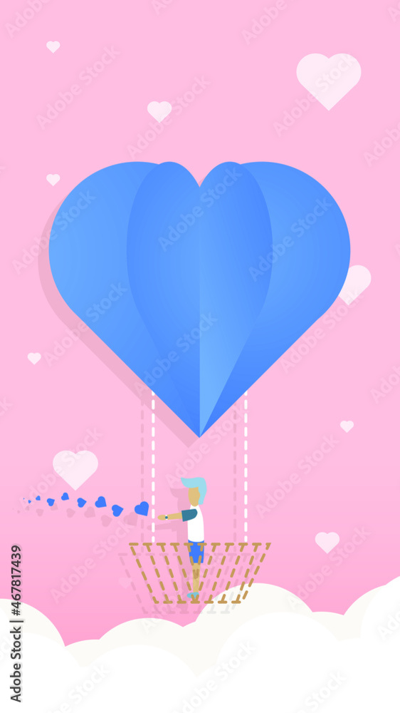 Valentines day greetings card with balloons flying with clouds vector.Heart hot air balloon flying.Love background.Cute paper cut design.posters,brochure.Paper cut style.Space for your text.pink heart