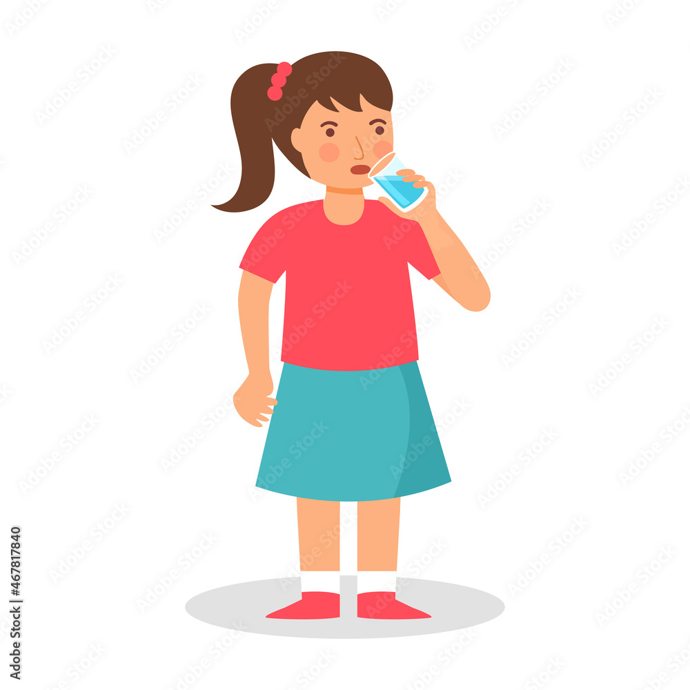 Girl child drinking water in flat design on white background. Drink more water for good health. Girl child drinking water in flat design on white background. Drink more water for good health.
