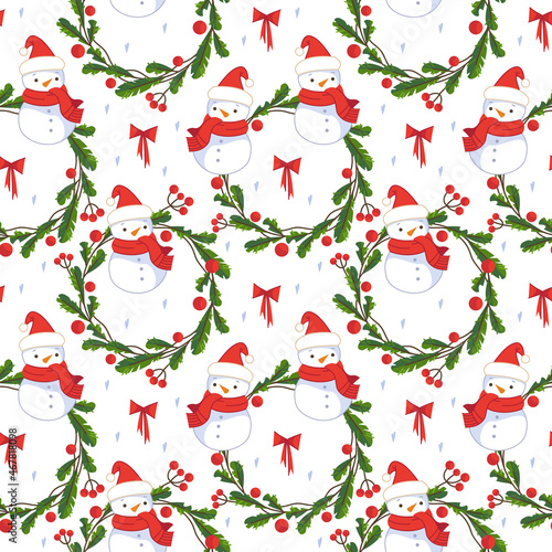 Seamless pattern for the New Year. Christmas wreaths with red berries and bows and a snowman. Christmas illustrations in cartoon childish style.
