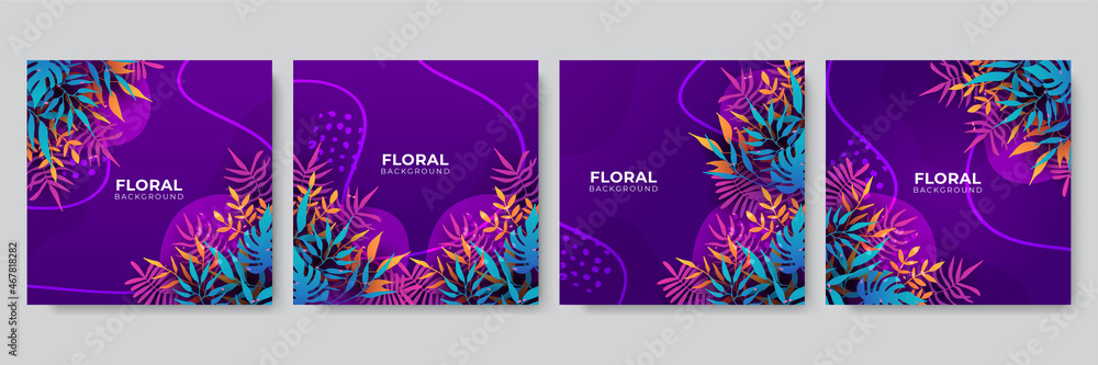 Trendy abstract square art templates with floral and geometric elements. Suitable for social media posts, mobile apps, banners design and web/internet ads. Fashion backgrounds.