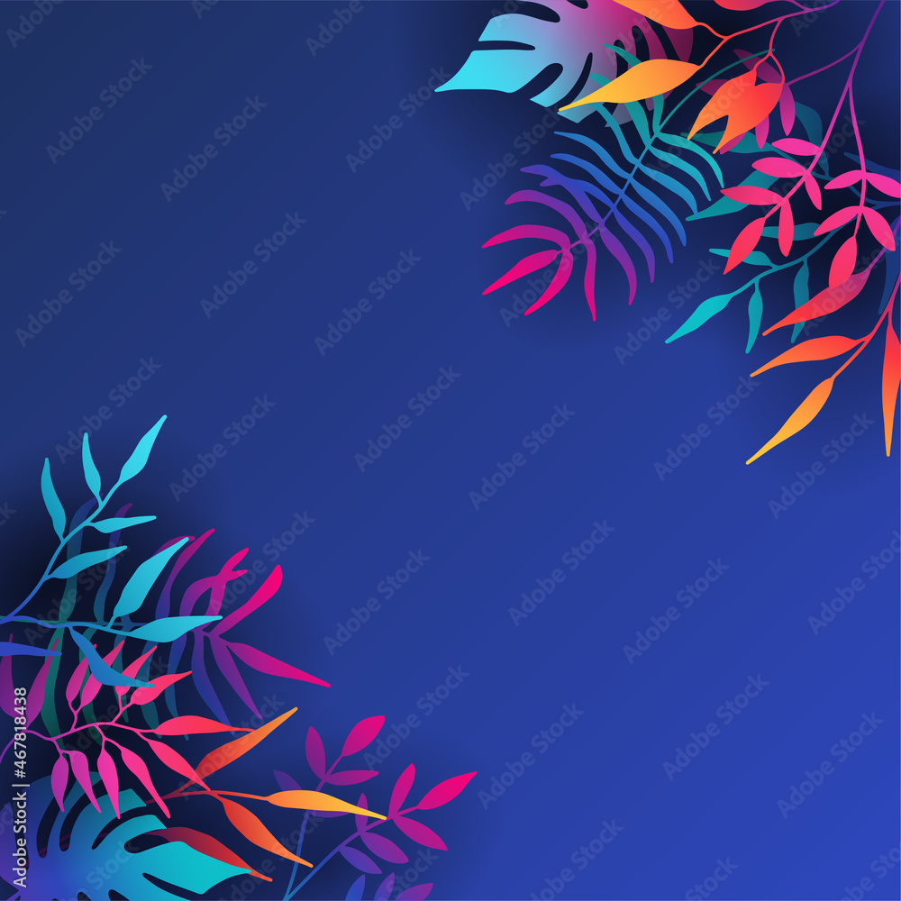 Floral background vector. Vibrant gradient color texture, flower and botanical leaves hand drawing. Abstract art design for wallpaper, wall arts, cover, wedding and invite card.
