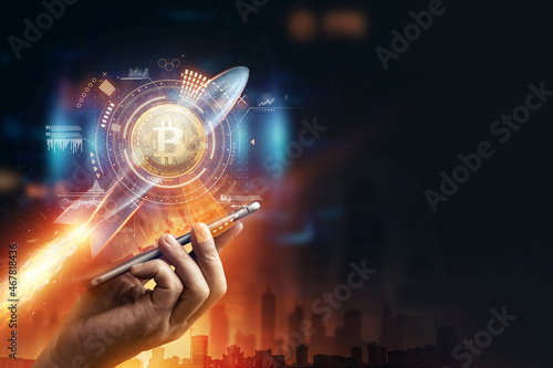 Creative background, bitcoin coin price increases, rocket flying, electronic money. Blockchain transfer concept, cryptocurrency, data encryption. Mixed media. photo