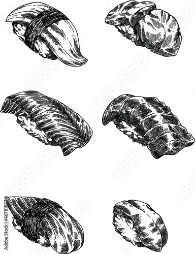 Black and white set of Nigiri Sushi Food. Japanese food sushi. Hand drawn sketch food.