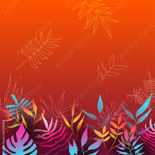 Floral background vector. Vibrant gradient color texture, flower and botanical leaves hand drawing. Abstract art design for wallpaper, wall arts, cover, wedding and invite card.