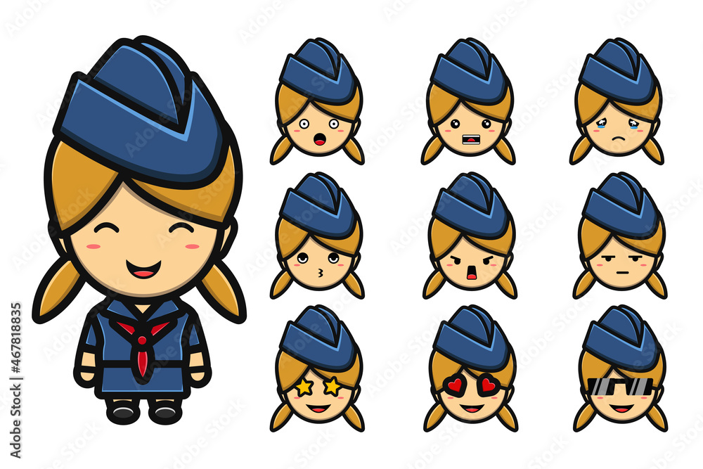 set of cute flight attendant cartoon