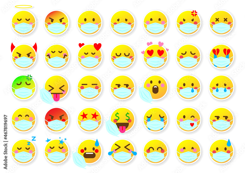 Emoji face sticker mood web badge yellow flat set. Virus protection disease covid medicine character. Cheerful and sad emotions of social network messenger website color round chat isolated on white Emoji face sticker mood web badge yellow flat set. Virus protection disease covid medicine character. Cheerful and sad emotions of social network messenger website color round chat isolated on white