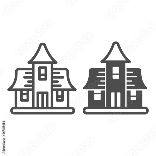 Haunted house, abandoned building, cursed mansion line and solid icon, halloween concept, manor vector sign on white background, outline style icon for mobile concept and web design. Vector graphics.