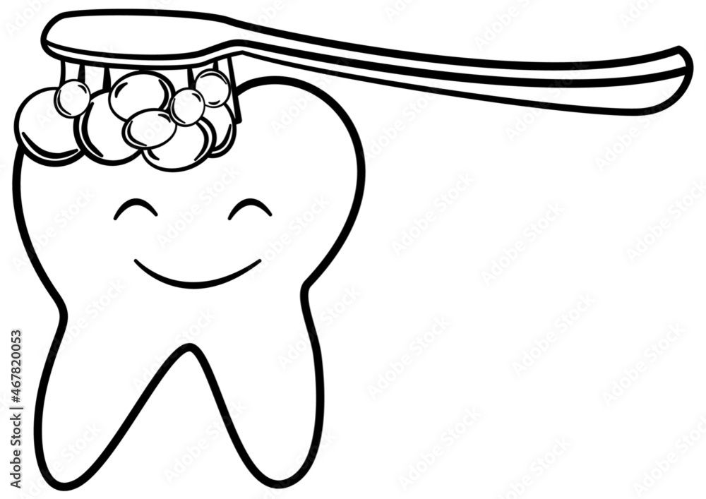 Brushing Tooth Cartoon Black and White Image. The American Dental