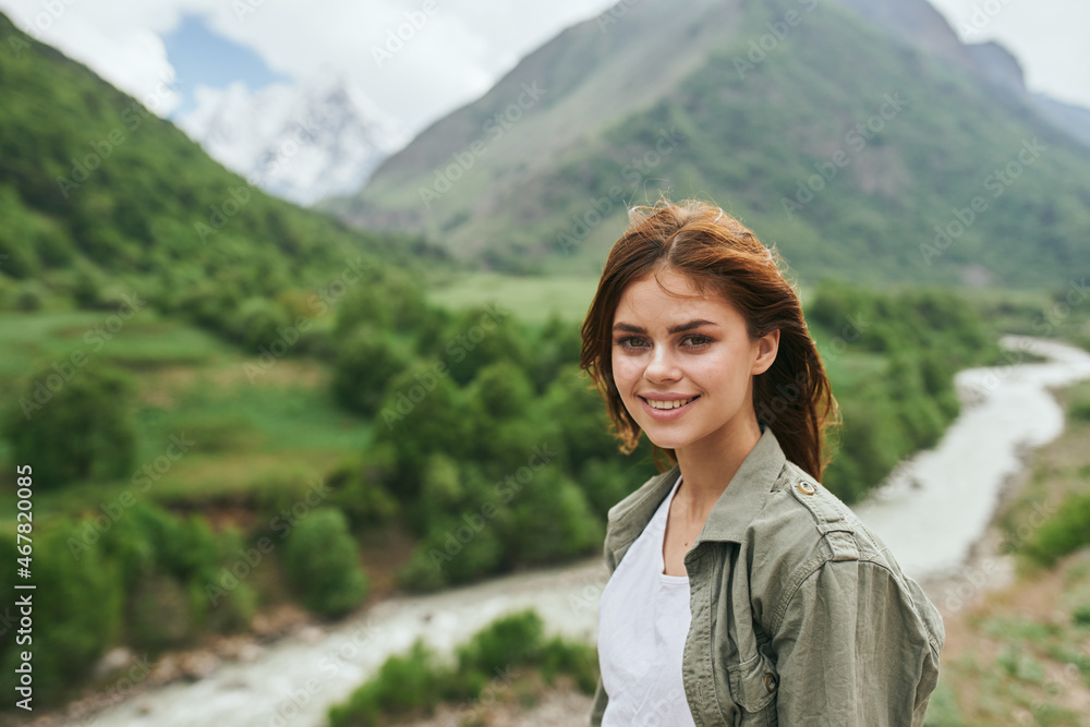 woman hiker mountains landscape travel fresh air