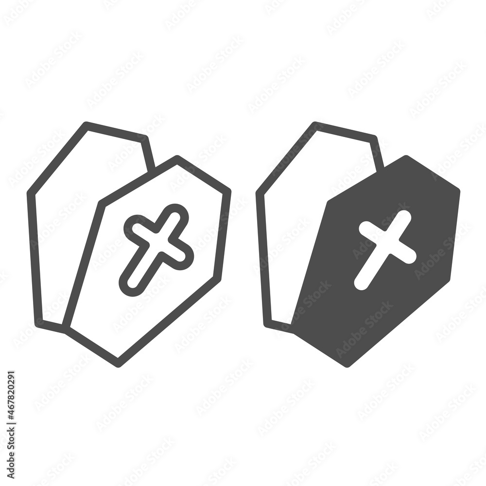 Open coffin with cross, halloween, funeral line and solid icon, halloween concept, dead casket vector sign on white background, outline style icon for mobile concept and web design. Vector graphics. Open coffin with cross, halloween, funeral line and solid icon, halloween concept, dead casket vector sign on white background, outline style icon for mobile concept and web design. Vector graphics.