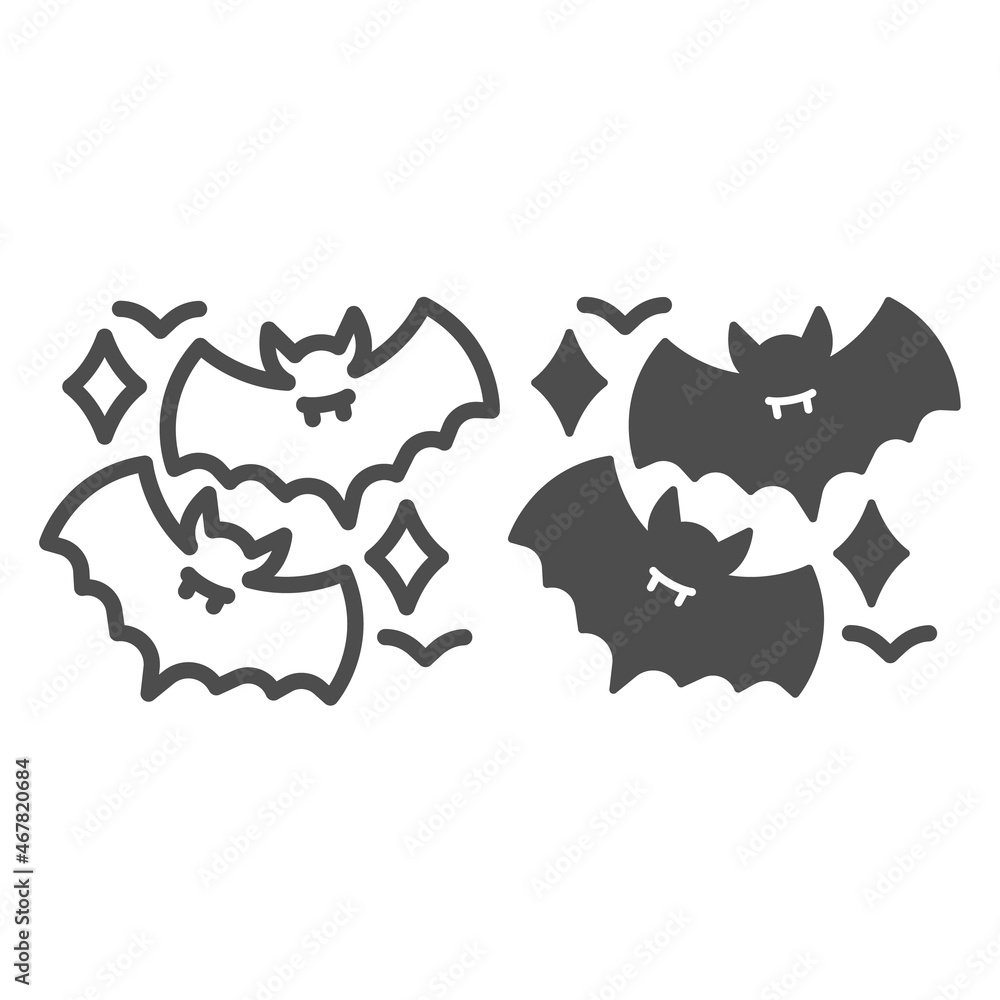 Two bat and stars, vampire, halloween line and solid icon, halloween concept, horror night vector sign on white background, outline style icon for mobile concept and web design. Vector graphics.