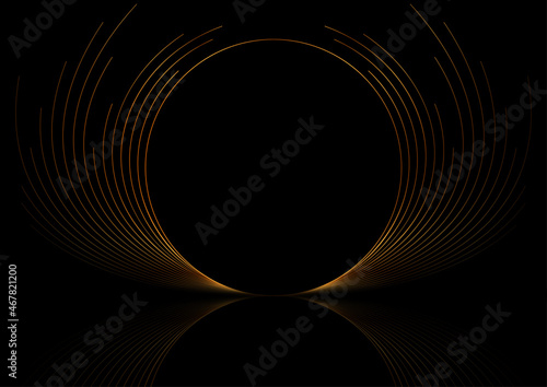 Deluxe golden minimal round lines abstract futuristic tech background with reflection. Vector digital art design