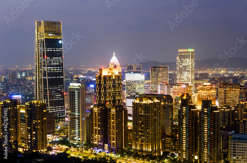 Night view of Taipei Xinyi District from the top of the Xiangshan mountain in Taipei Taiwan. 