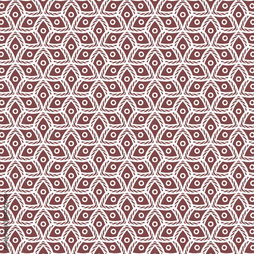 Seamless pattern of abstract cube shape, with small round shape, white line on color background.