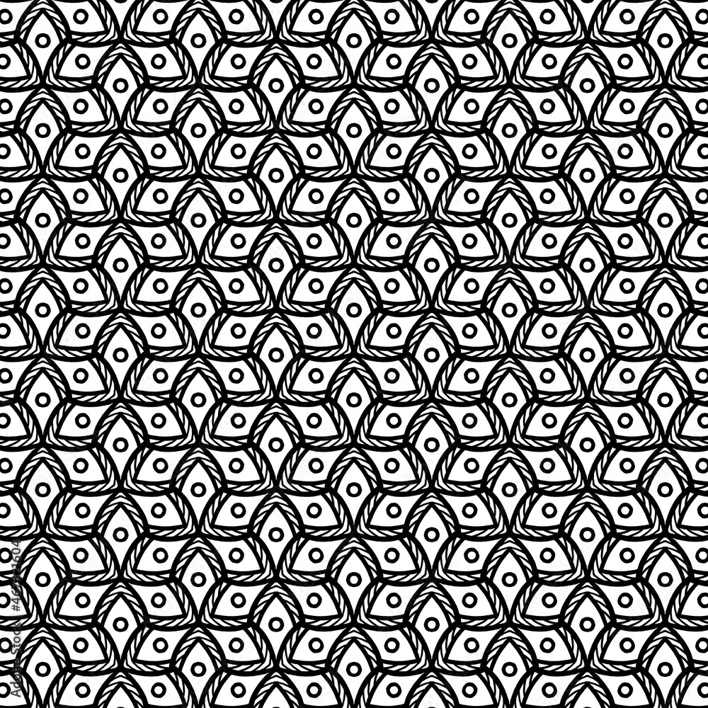 Seamless pattern of abstract cube shape, black ink line with small round shape on white background.