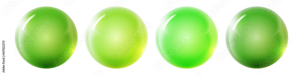 Set with glass green balls. Glossy realistic ball, 3D abstract vector illustration highlighted on a white background. Big metal bubble with shadow Set with glass green balls. Glossy realistic ball, 3D abstract vector illustration highlighted on a white background. Big metal bubble with shadow