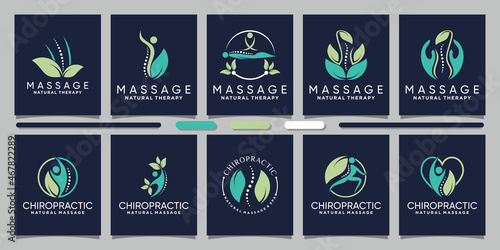 Set bundle of chiropractic and massage logo design with natural leaf concept Premium Vector