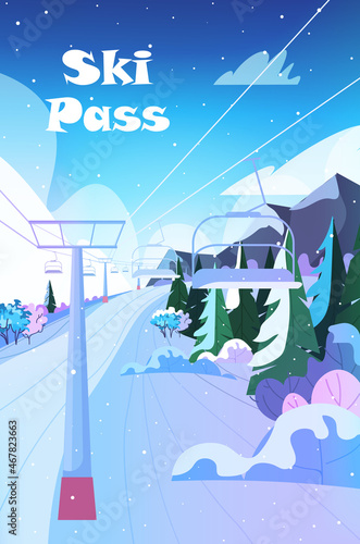 ski resort cableway in snowy mountains christmas new year holidays celebration winter vacation ski pass concept